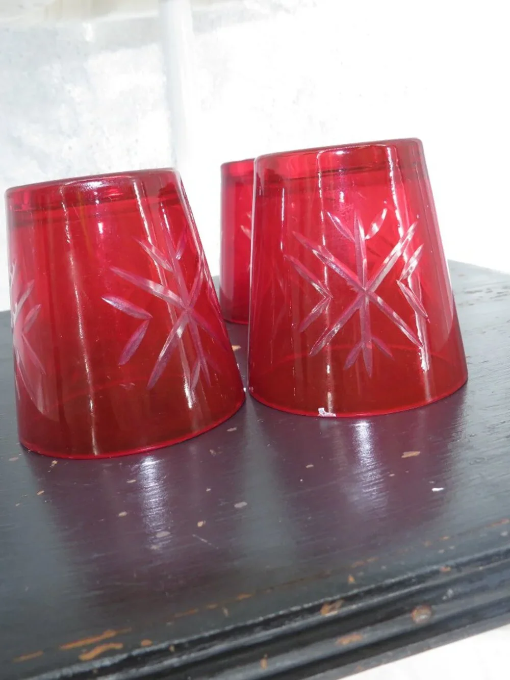 vintage ruby red glass tumbler set 4 cut starburst votive juice cup 3 in